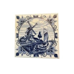 Delfts Blauw Delft Blue Windmill Sailboat Decorative Tile Trivet 6in